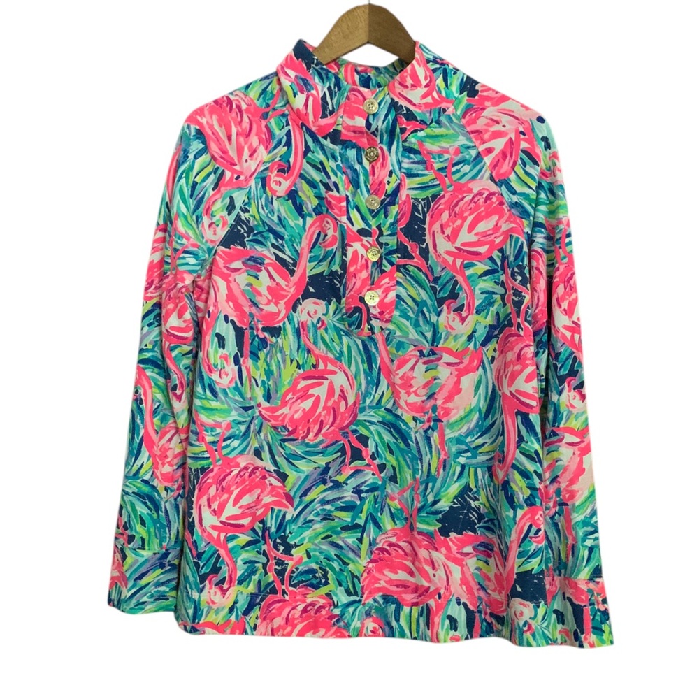 Lilly Pulitzer "Flamenco Beach"
Windsor Popover Gold Button Top Sz M